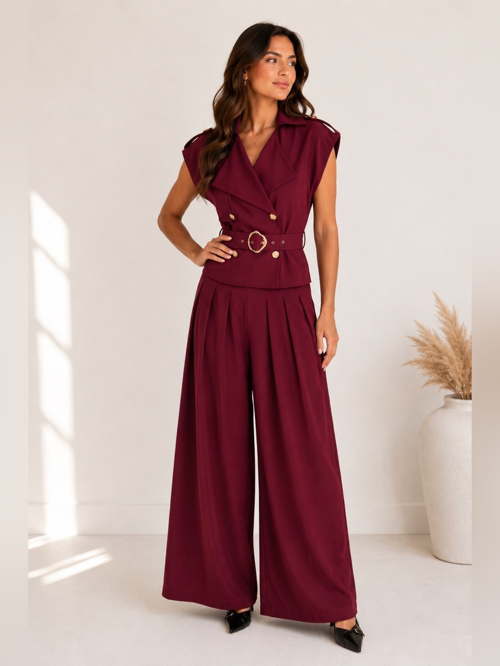 647. Wine Belted Sleeveless Blazer & Wide-Leg Pants Set